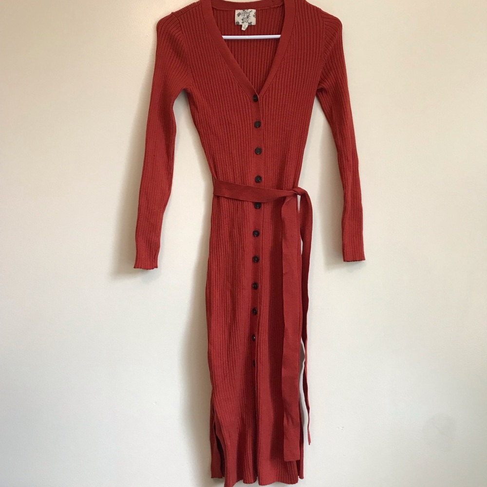 Hippie Rose red orange button down sweater dress.